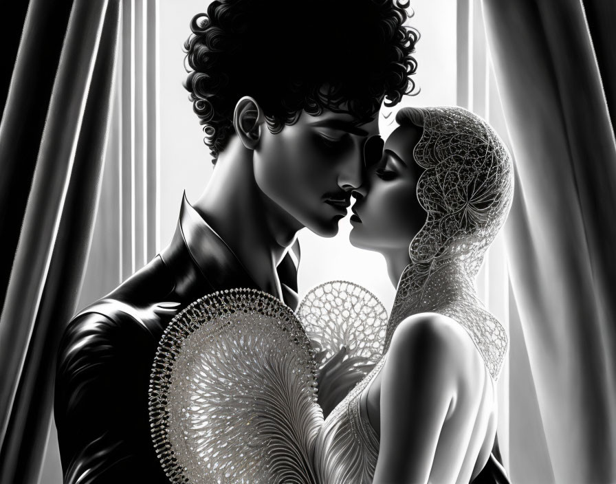 Monochromatic romantic couple embracing in elegant attire