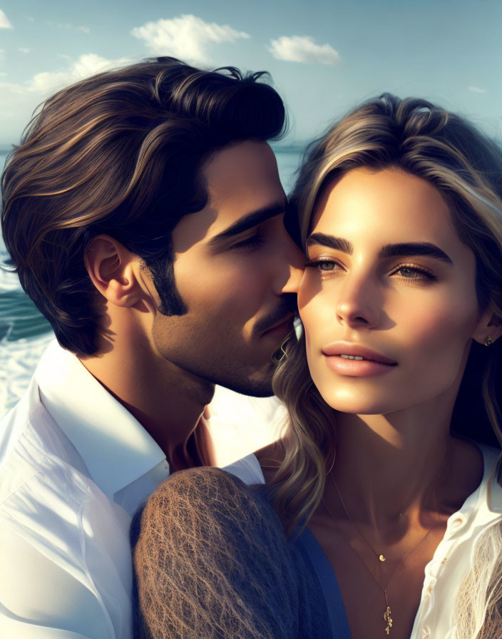 Romantic couple with man whispering, stylish hair, against ocean backdrop