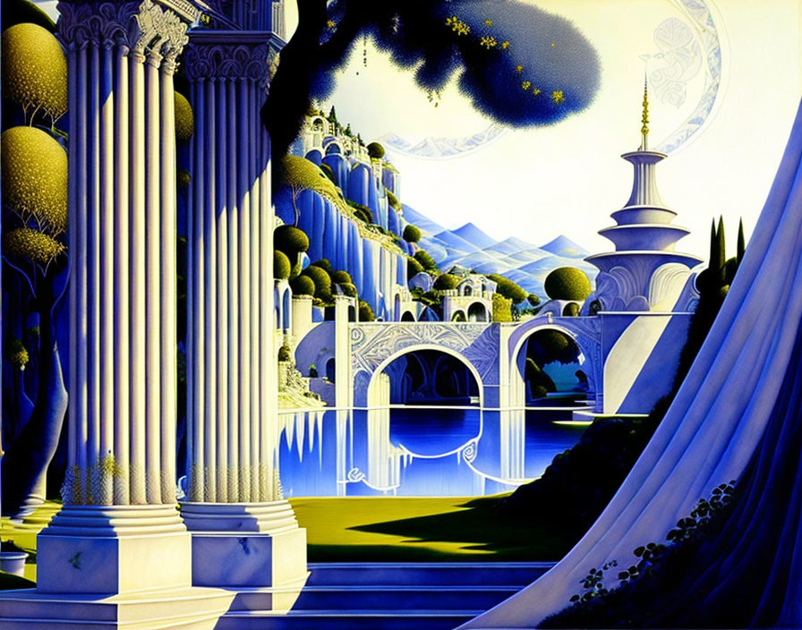 Fantastical landscape with ornate bridges and waterfalls