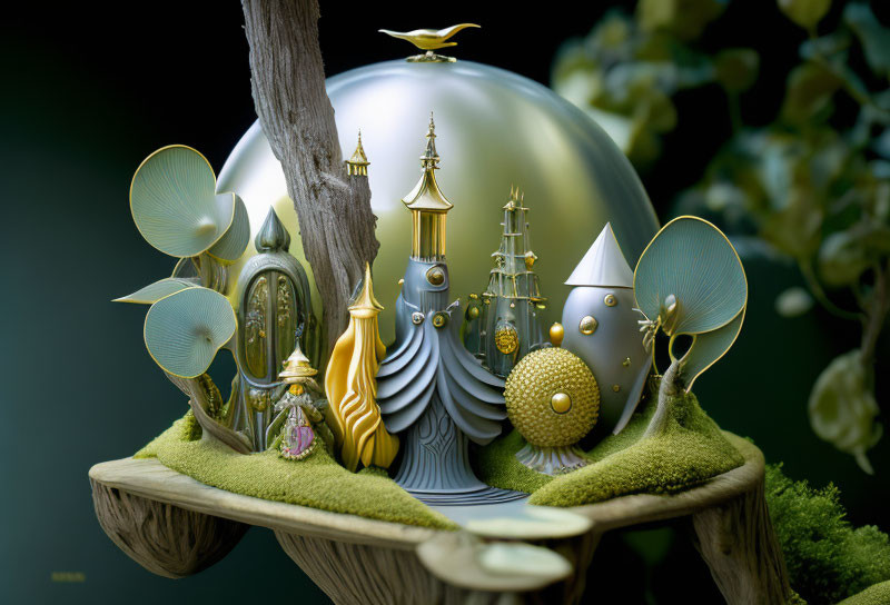 Metallic city with spires and domes on wooden platform around a tree.