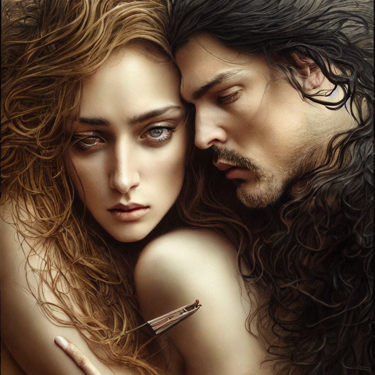 Realistic Artwork: Man and Woman with Detailed, Flowing Hair Leaning Together