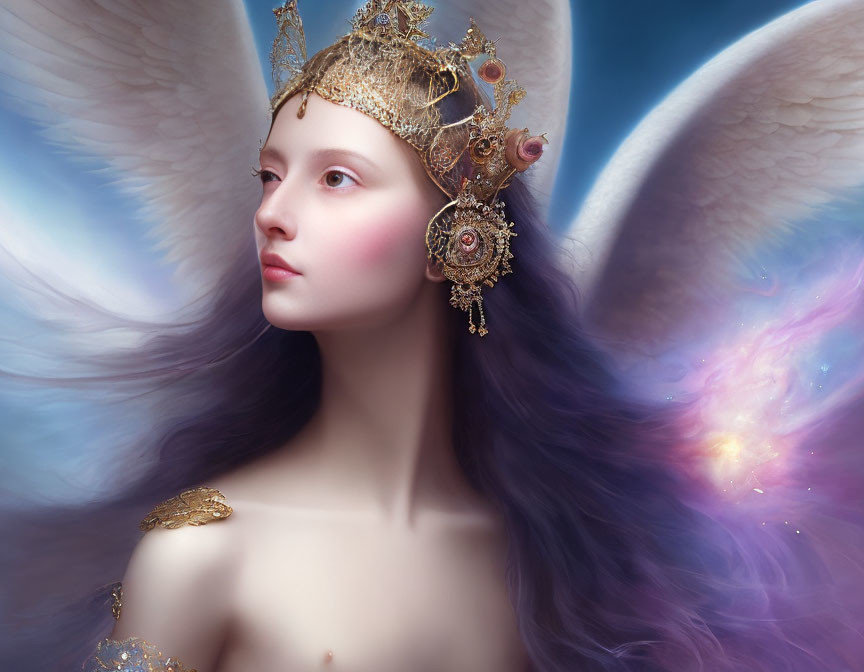 Serene fantasy figure with angelic wings in cosmic backdrop