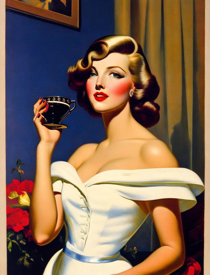 Vintage illustration of glamorous woman with wavy hair, holding coffee cup in off-shoulder dress,