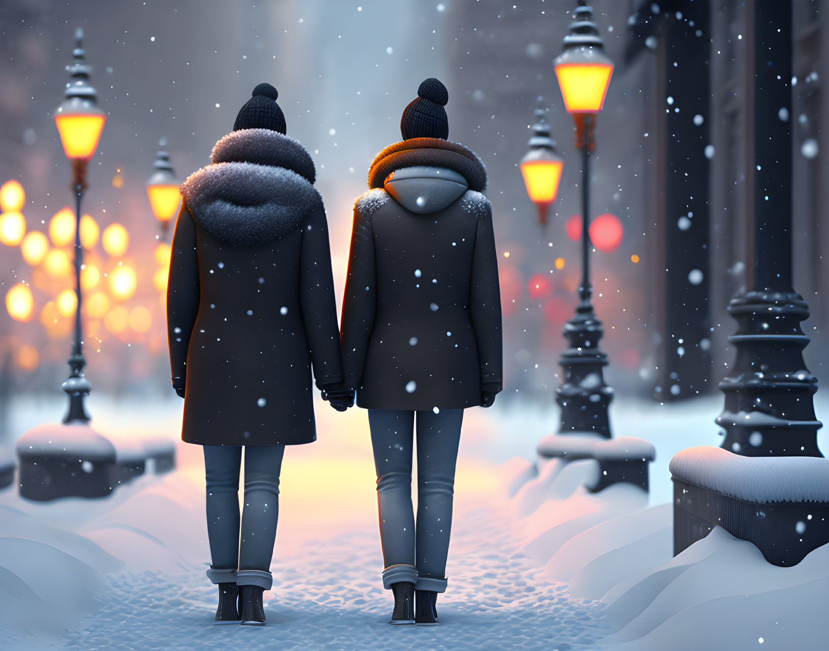 Snowy Path: Two People Walking Amidst Falling Snowflakes