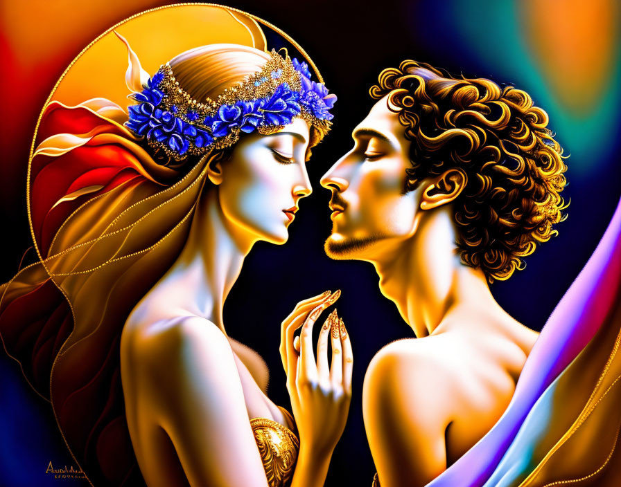 Vibrant digital artwork of stylized man and woman in close pose