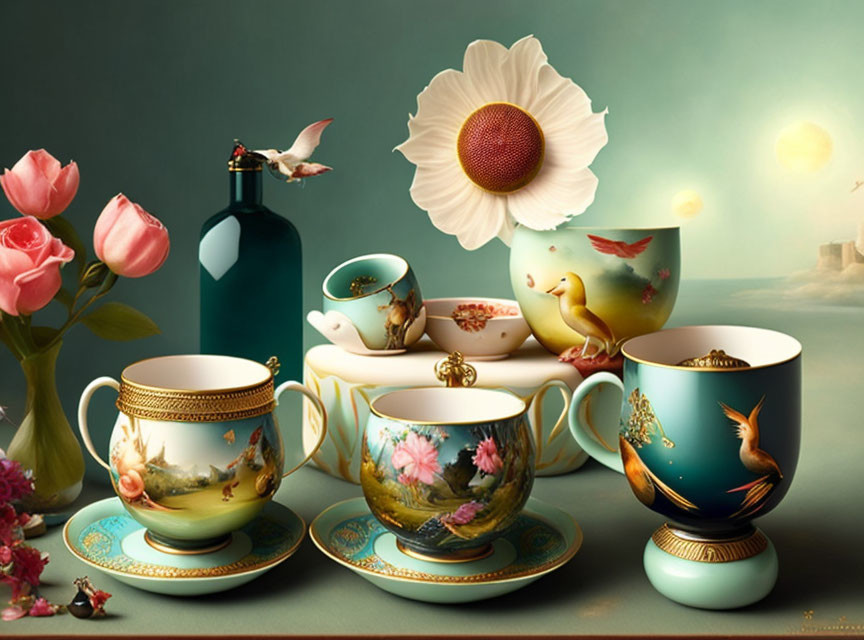 Bird and floral motifs on elegant tea set with blue vase on teal background