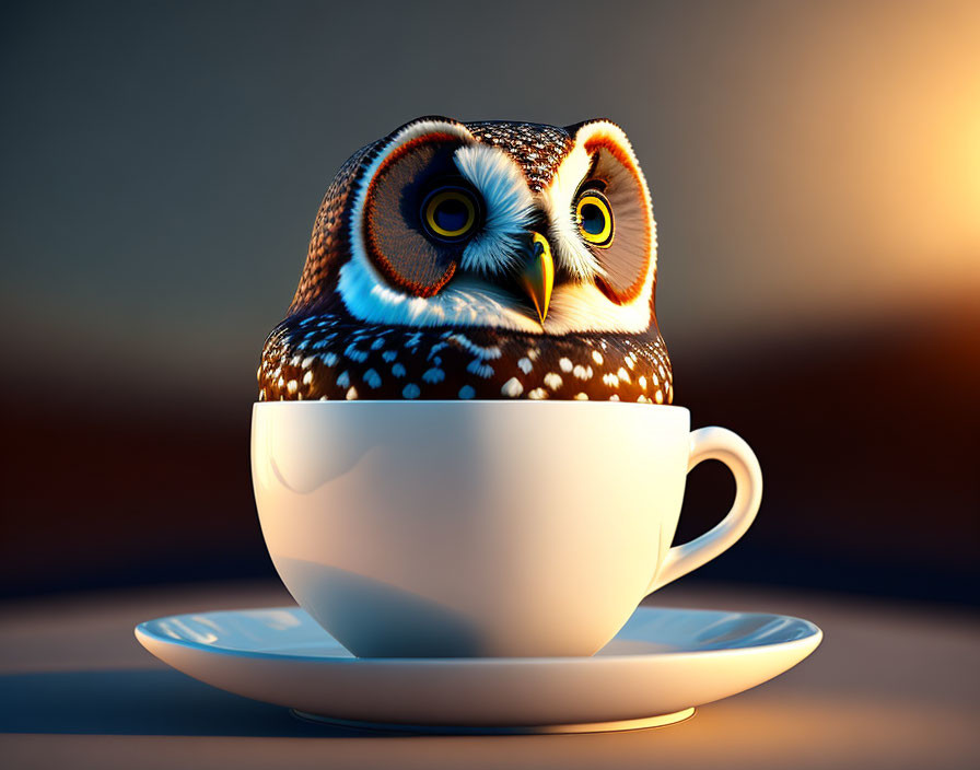 Illustration of owl peeking from coffee cup on saucer in soft background