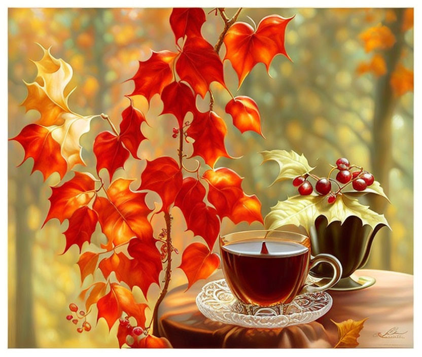 Colorful Autumn Leaves Painting with Tea, Book, and Berries