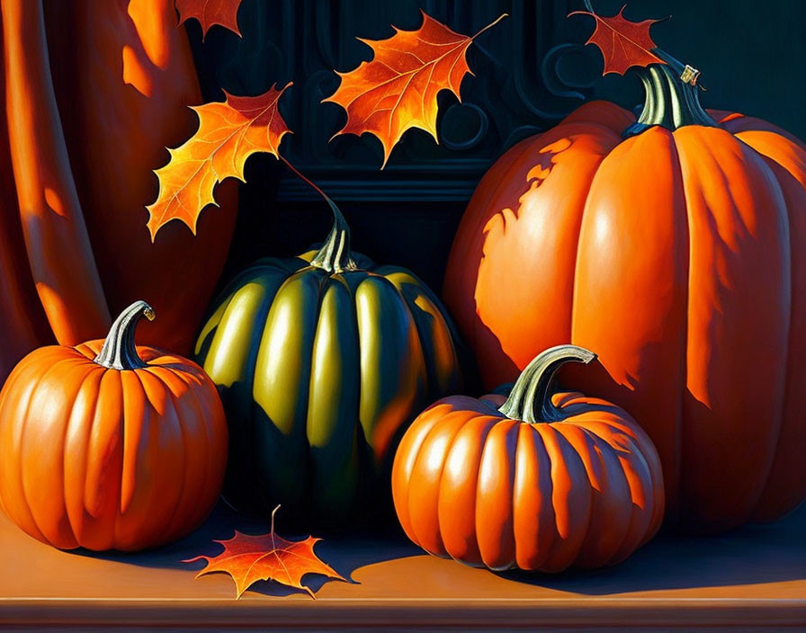 Vibrant Pumpkins and Autumn Leaves on Dark Wood Surface