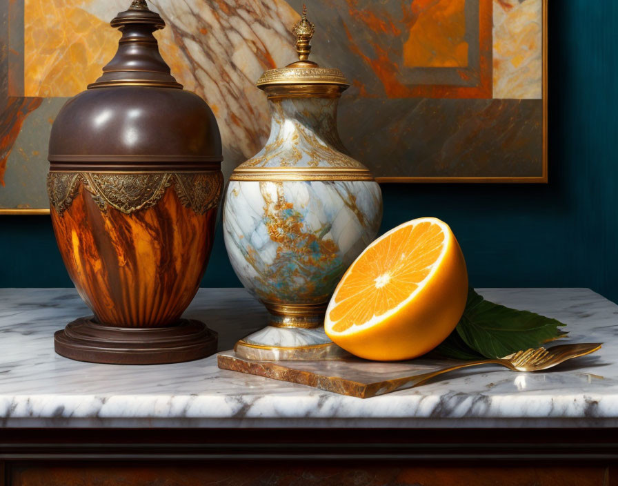 Classical urns and sliced orange on marble countertop in elegant interior