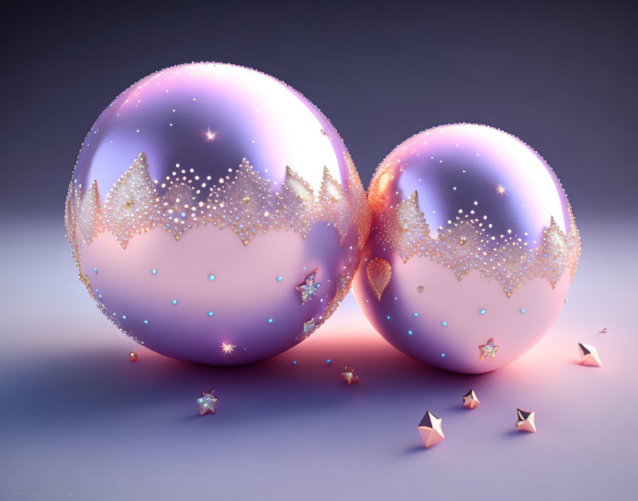 Pastel-colored spheres with stars and mountains on purple background