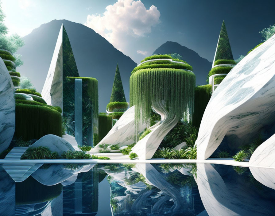 Futuristic landscape with greenery, modern architecture, paths, and water under clear sky