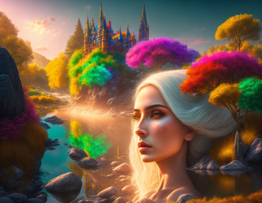 White-Haired Woman Fantasy Portrait with Glowing Skin and Mystical Sunset Landscape