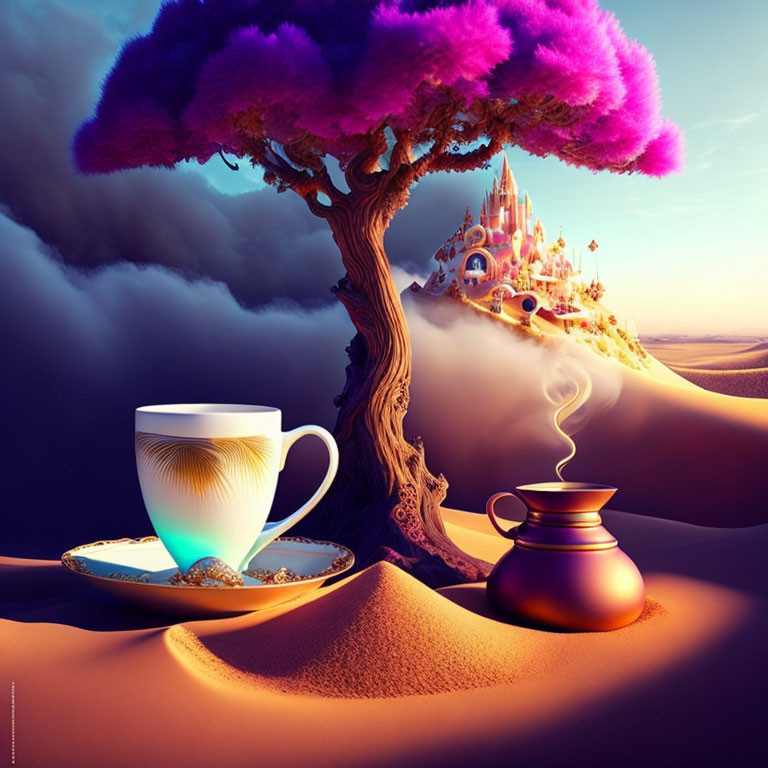 Vibrant purple tree, coffee cup, jug, and whimsical castle in surreal landscape