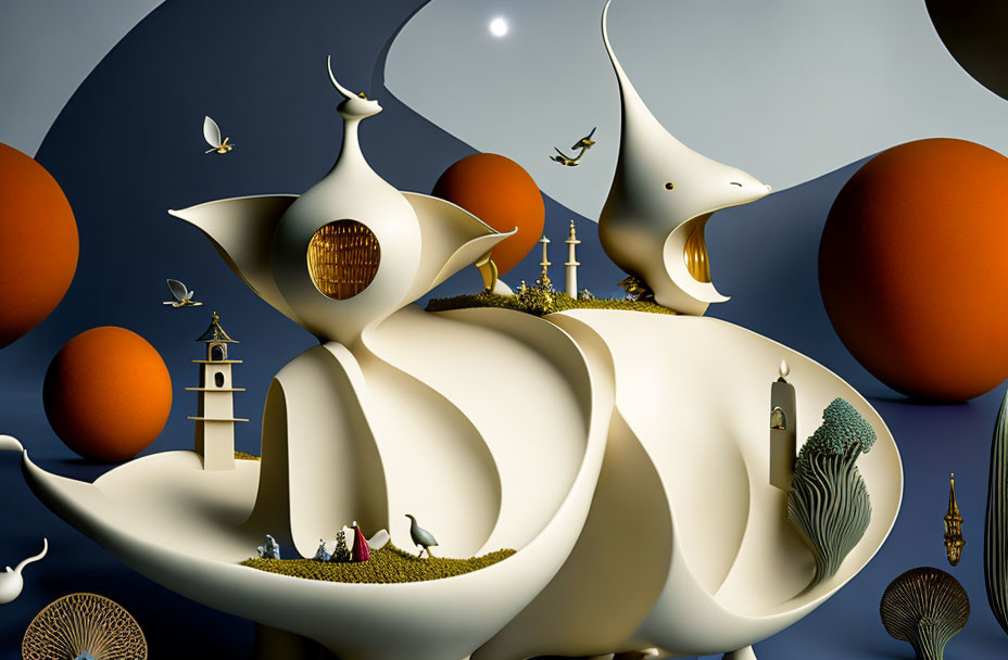 Whale-like structure, orange spheres, figures, birds, crescent moon