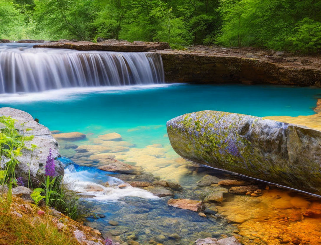 Tranquil Waterfall Cascading into Turquoise Pool amid Lush Greenery