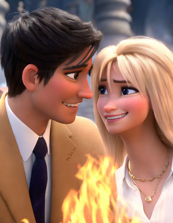 Animated man and woman in suit and white outfit gaze at each other with fire in foreground