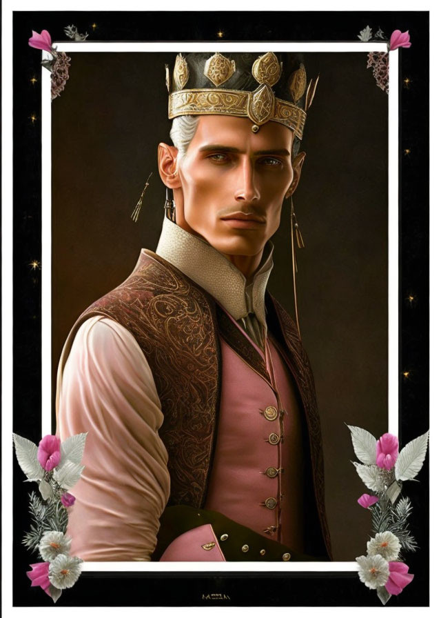 Silver-haired elf king portrait with regal crown and ornate vest on floral backdrop