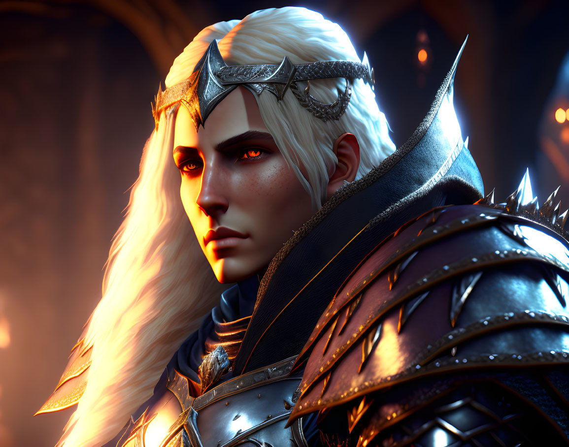 Fantasy warrior with platinum blonde hair in black armor and silver crown