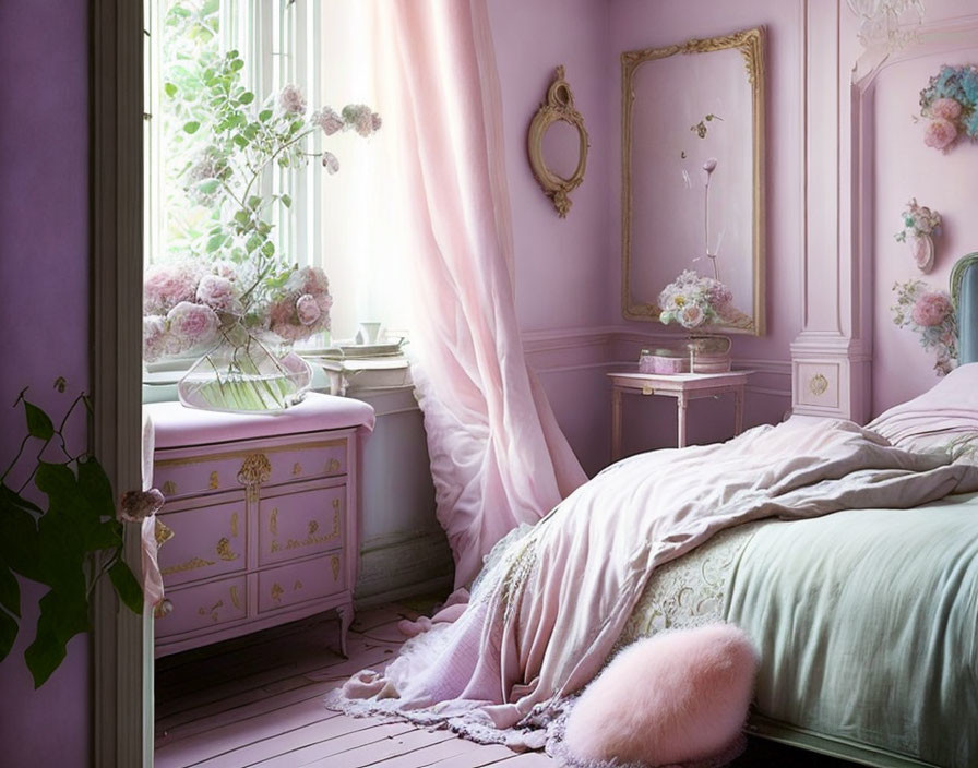 Pastel Purple Bedroom with Open Window and Vintage Decor