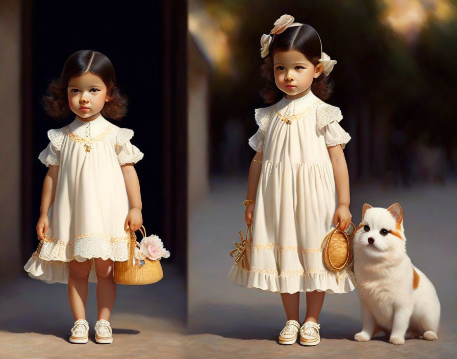 Identical images of girl in vintage dress with corgi basket.