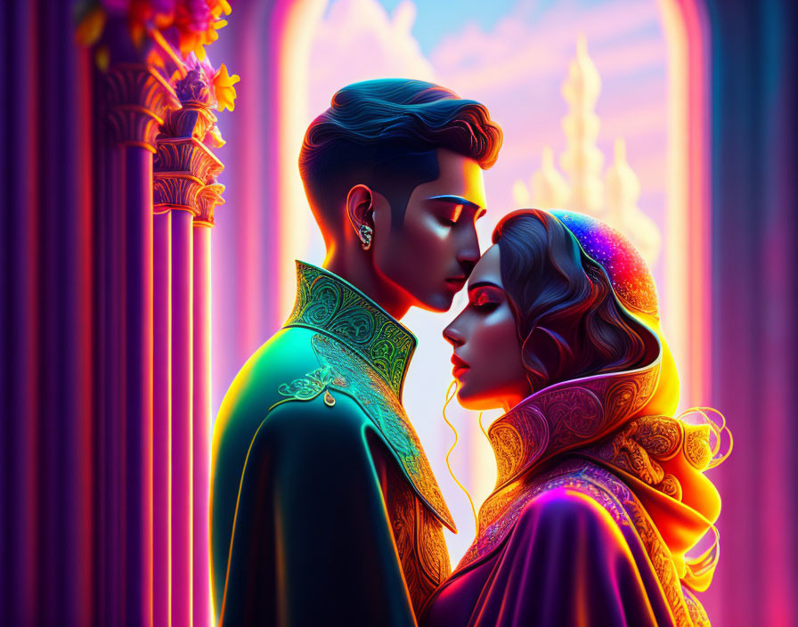 Regal man and woman in vibrant neon colors and Gothic setting