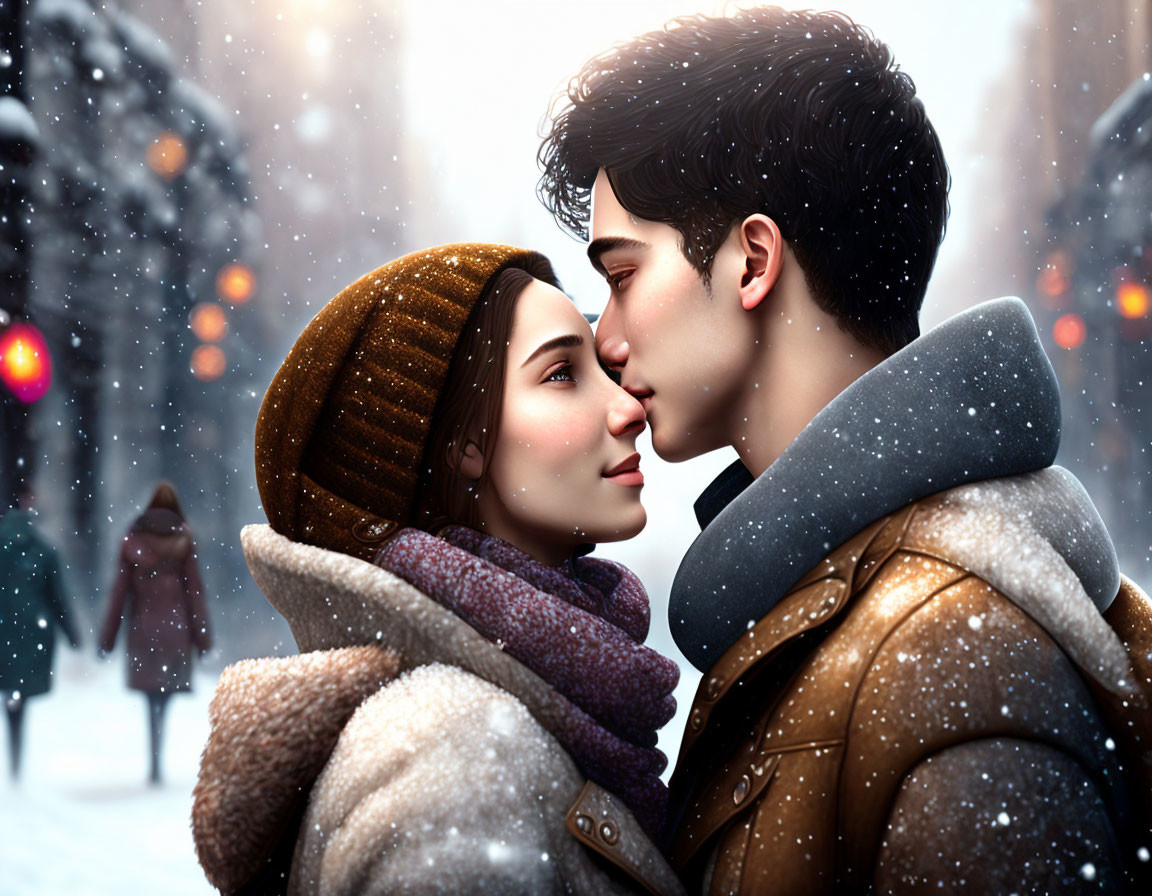 Digital illustration: Couple about to kiss on snowy street with warm lights