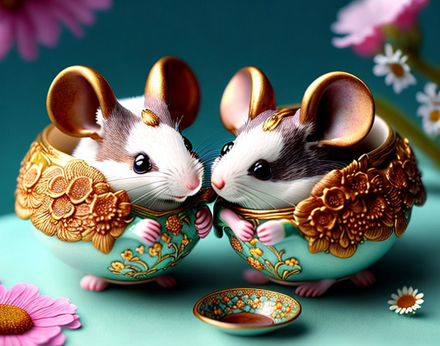 Intricate patterned mice in split golden baubles on turquoise background