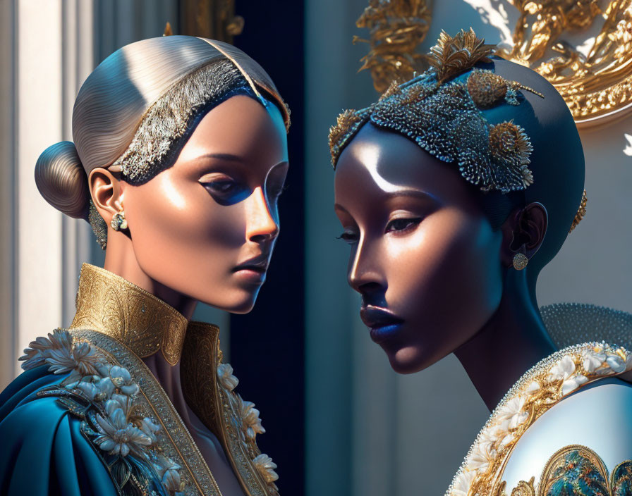 Ornate mannequin-like figures in elaborate outfits on luxurious backdrop