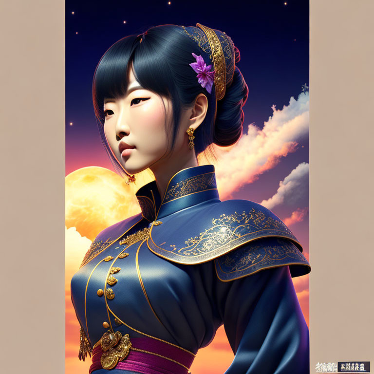 Traditional Asian Attire Woman with Flower in Hair Against Moonlit Sky