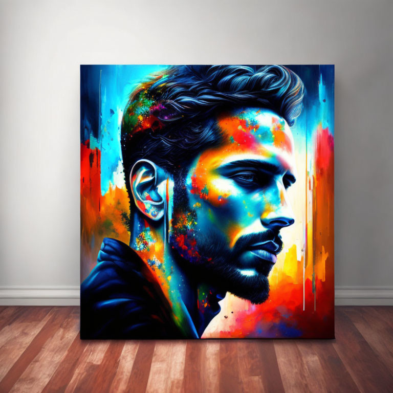 Colorful Bearded Man Portrait on Canvas Against Plain Wall