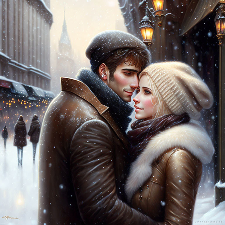 Couple Embraces Tenderly on Snowy Street in Warm Glow