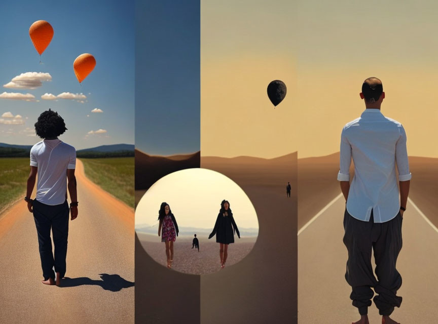 Man observing surreal hot air balloons, desert, and girl with reflection.