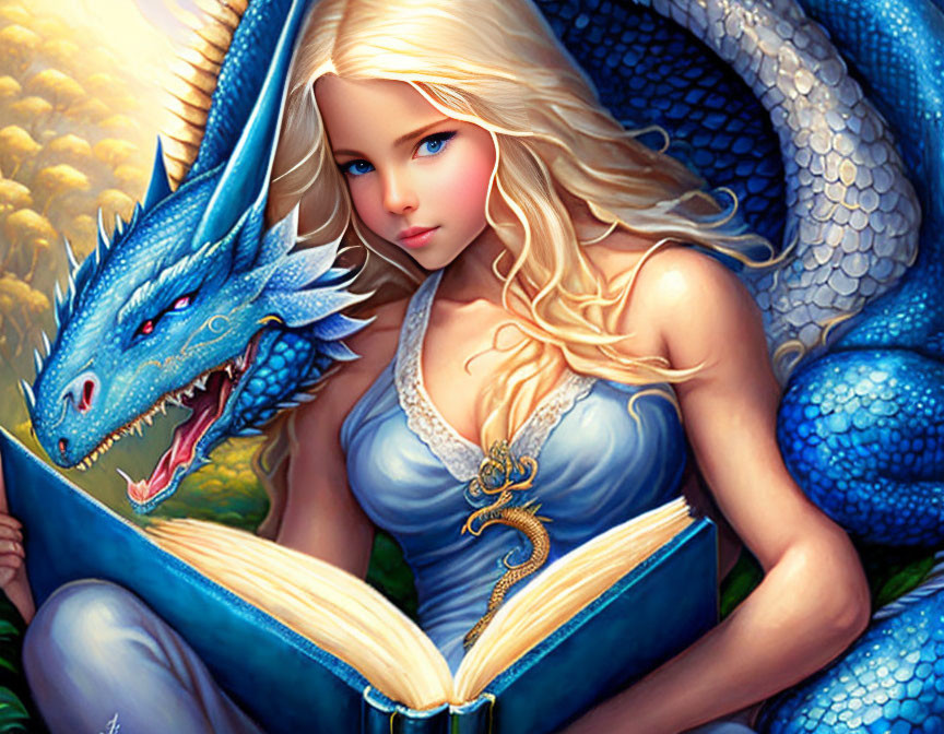 Blonde Woman Reading Book with Blue Dragon