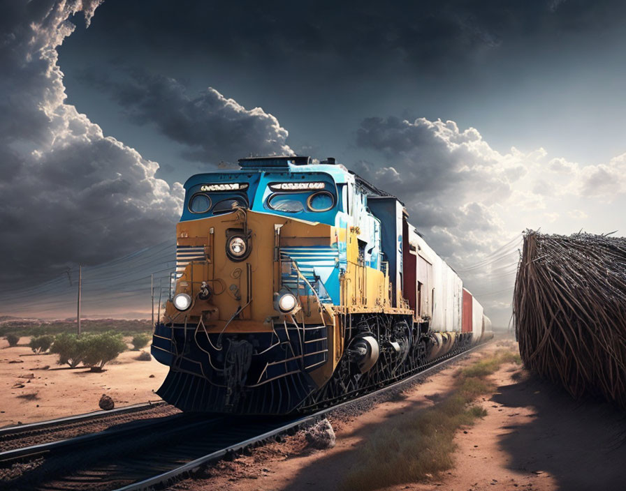 Colorful freight train on desert tracks under dramatic sky