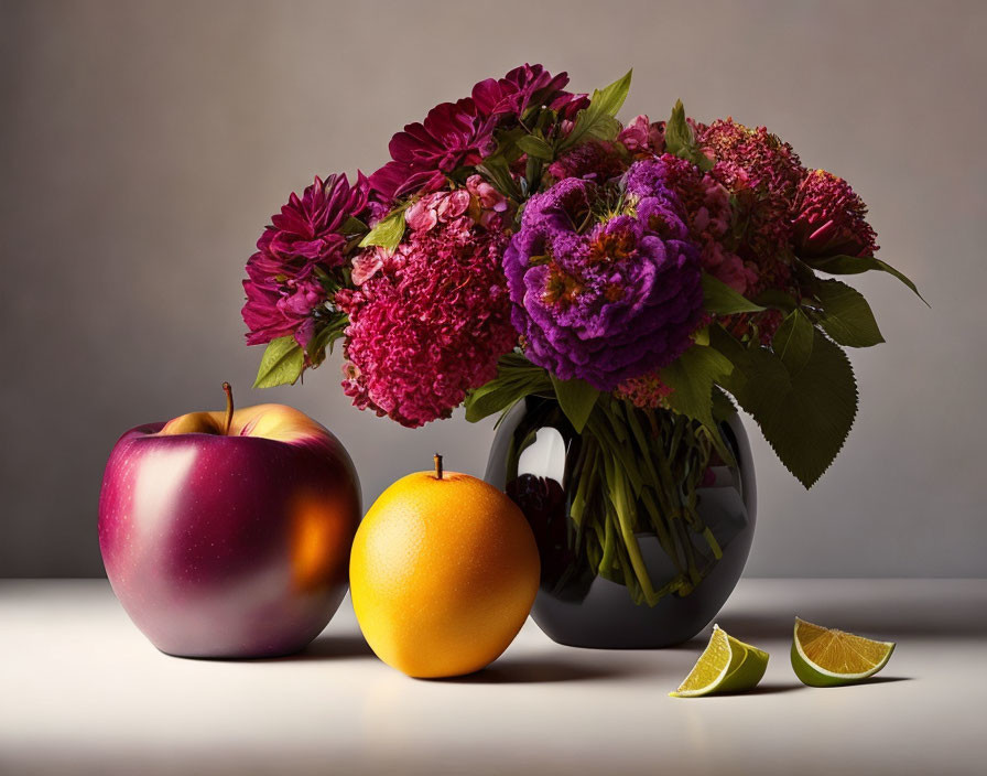 Colorful Still Life Composition with Flowers, Apple, Orange, and Lime