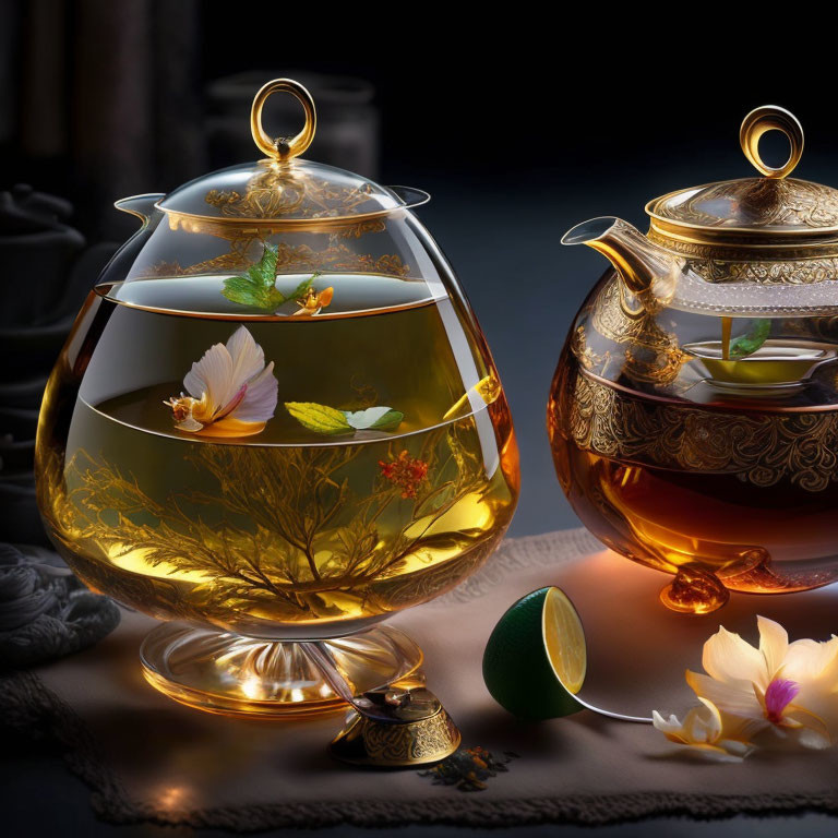 Transparent Teapots with Golden Embellishments and Blooming Tea on Dark Background