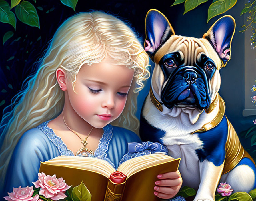 Blonde girl reading book with French Bulldog in greenery