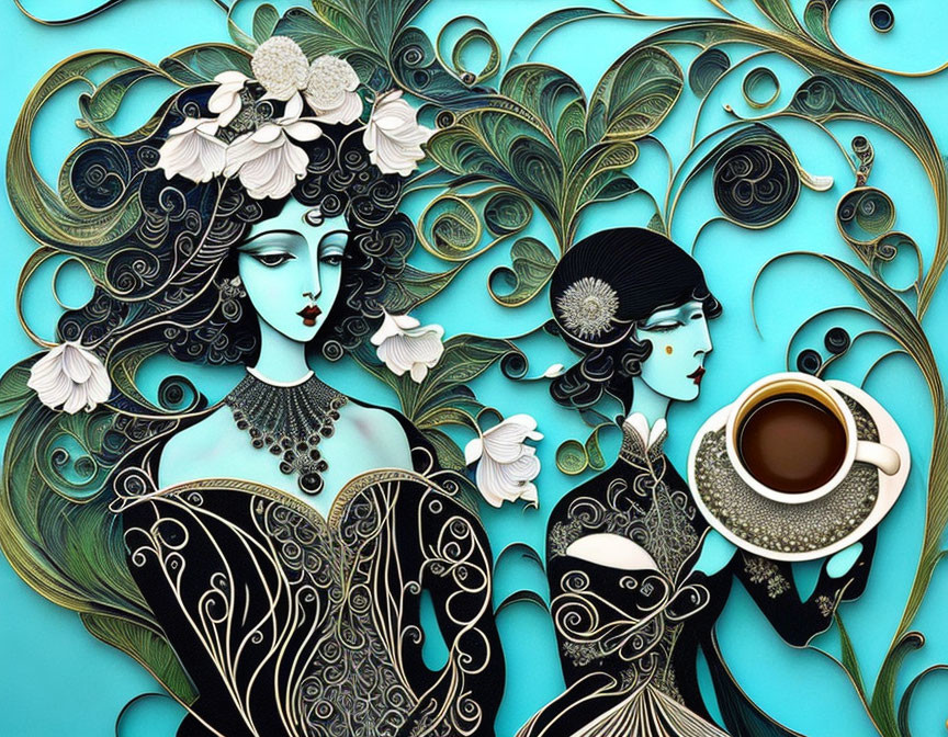 Stylized women with elaborate hair and clothing patterns on teal background