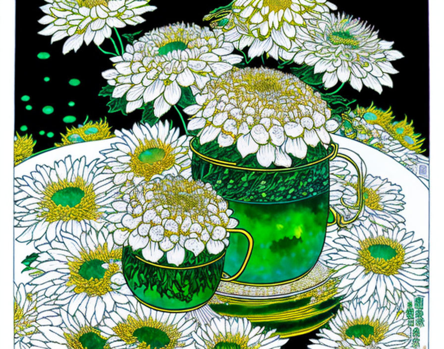 Colorful artwork: green cup & saucer with white & yellow chrysanthemums on black