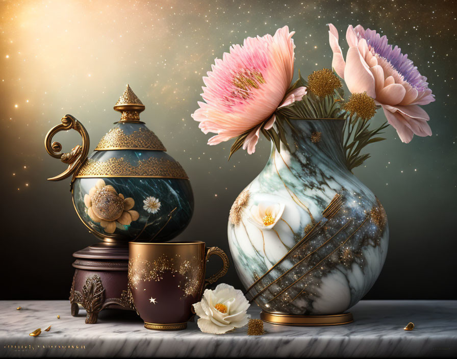 Still life with marble vase, pastel flowers, golden teacup, and metallic teapot on