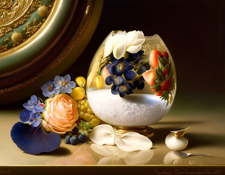 Floral Design Bowl with Fruits, Flowers, Ribbon on Dark Background