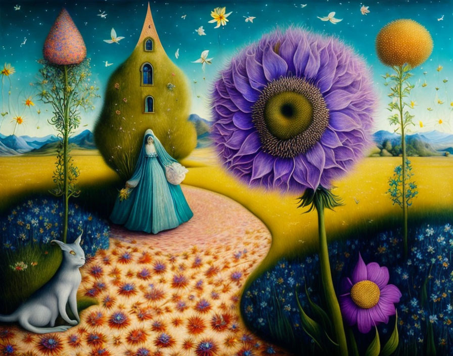 Surreal artwork: Cloaked figure, cat, sunflower, whimsical houses on floral path