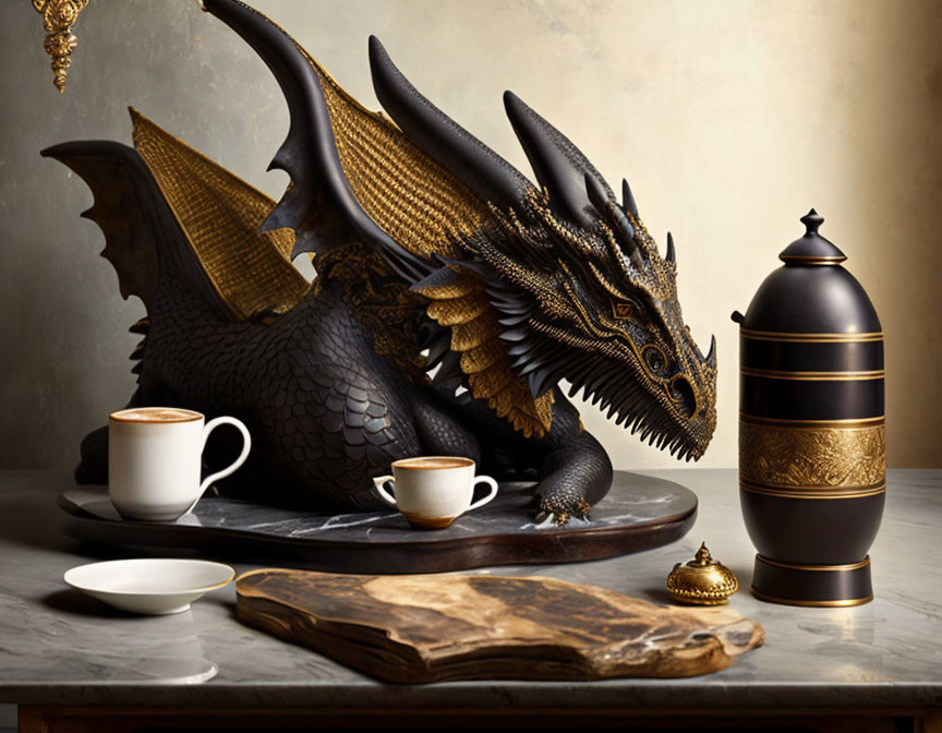 Dragon sculpture with tea set on wooden table