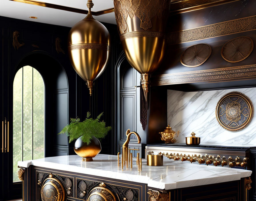 Elegant Kitchen with Black and Gold Cabinetry & Marble Countertops