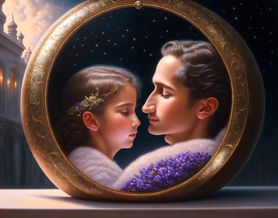 Woman and child touching foreheads in oval gold frame with starry background and purple flowers.