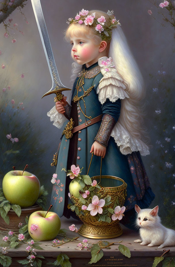 Child in medieval attire with sword, kitten, and apples on floral background