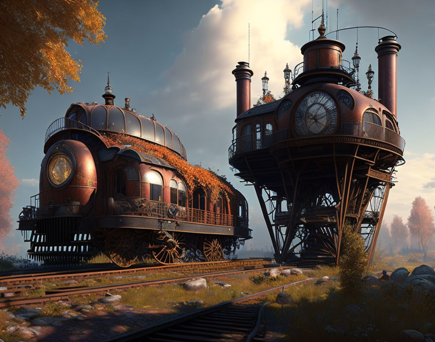 Steampunk-style train on tracks in autumnal forest