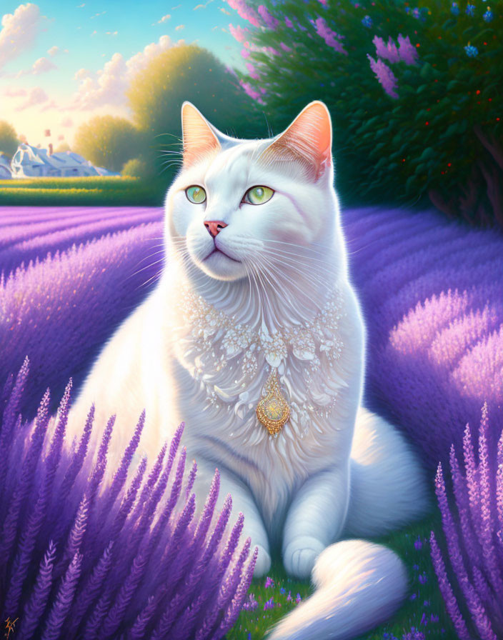 White Cat with Jeweled Necklace in Lavender Field at Sunset