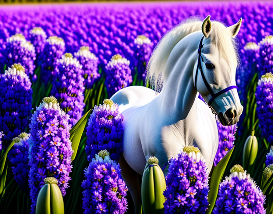 White Horse with Purple Bridle in Vibrant Field of Flowers